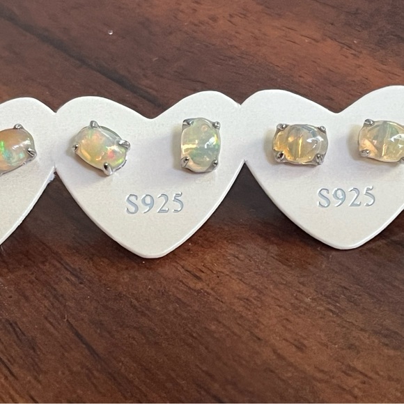 Opal Gemstone Silver Stud Earrings - Picture 4 of 5